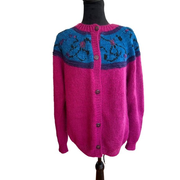 Vtg Manos Del Uruguay Handknit Wool Cardigan Sweater Fuchsia Blue L - Picture 4 of 10